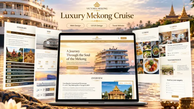 Victoria Mekong luxury cruise website UI/UX design showcase featuring itinerary, cruise ship, cabin accommodations, dining experiences, and booking enquiry page mockups.