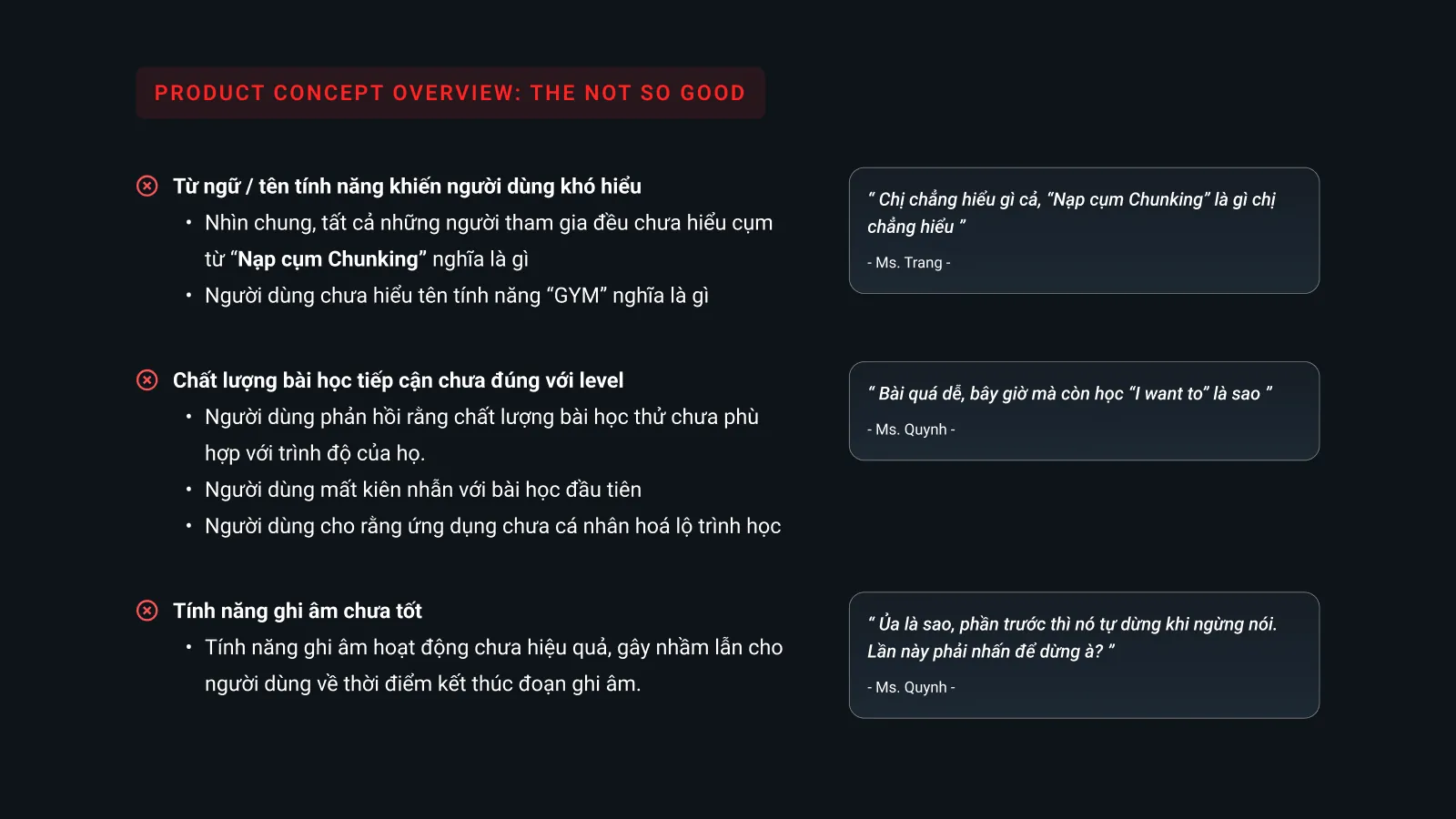 Những vấn đề về từ ngữ tên tính năng, chất lượng bài học và tính năng ghi âm, kèm trích dẫn người dùng